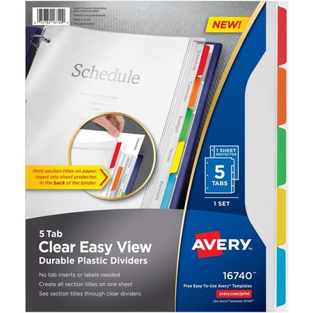 Avery Dividers, Plstc, Clearvw, 5Tab 5PK AVE16740